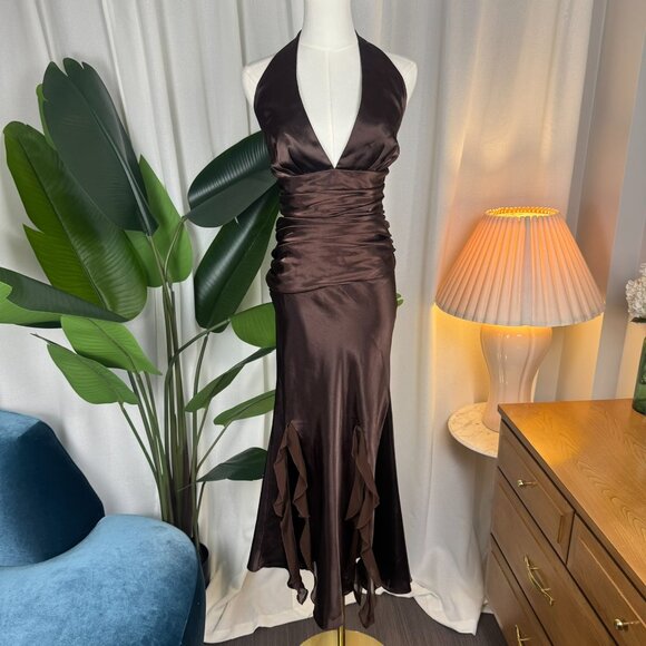 Vintage 90s Blondie Nites by Linda Bernell Brown Halter Evening Gown - Picture 1 of 11